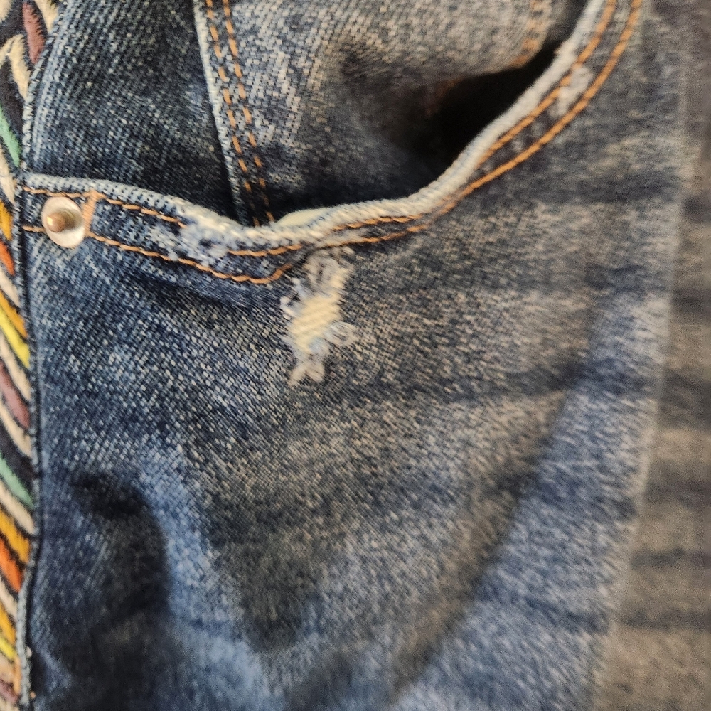 Knox Rose Women's Distressed Blue Jeans with Colorful Embtoidered Side Stripes. - Picture 4 of 6